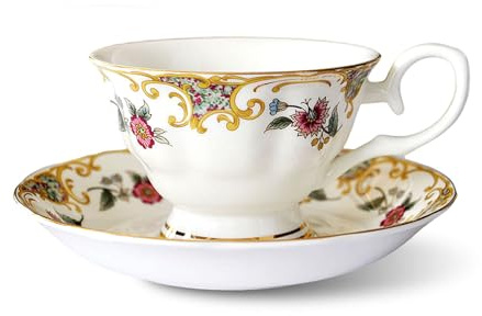 Tasses à Café avec soucoupes, 200ml Tasse à Café en céramique, Motif floral Classique, Tasse à thé avec Anse, Tasses à Chocolat Chaud pour Cappuccino, Espresso ou Thé (Blanc + rouge)