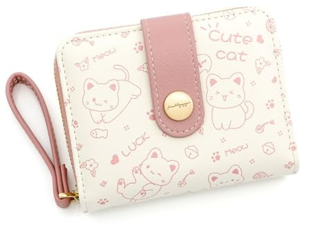 Oyccen Nette Katze Geldbörsen Damen Kleine Portemonnaie Kartenetui PU Leder Geldbeutel Münze Geldbörse mit Reißverschluss Tasche für Mädchen