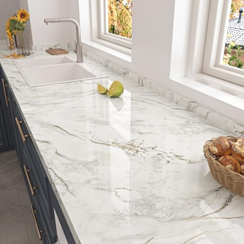 HotDecor Papel Tapiz Autoadhesivo Marmol Vinilo Encimera Cocina Lavable Papel Adhesivo Para Muebles Vinilo Marmol Color Blanco y Dorado Decoración Cocina Vinilos Armarios 60 x 300cm