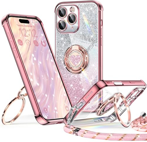 XYZ für iPhone 16 Pro Hülle mit Band, Herzen Doppelring Ständer Luxus Glitzer HandyHülle Kameraschutz, Frauen Stoßfest Elektroplattiert Soft TPU SchutzHülle Clear iPhone 16 Pro Case, Roségold