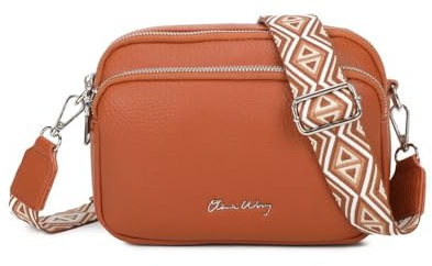 Bolso bandolera mujer pequeño de cuero PU tres compartimentos y dos bandoleras, bolso mensajero para cruzar polipiel regalo original para mujer (Marrón)