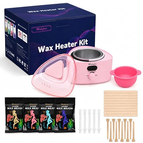 Makeforu Brazilian Waxing Kit - Bikini & Full Body Hair Removal with Digital Warmer, 4 Scented Wax Beads & 27 Silicone Tools - Home Waxing for Women & Men, Face & Body Care (Pink)