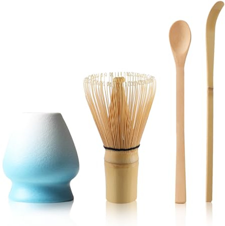 Set of 4 Matcha Tea Set Matcha Whisk and Whisk Holder Matcha Spoon, Matcha Kit Matcha Ceremony Accessory(Blue-White)
