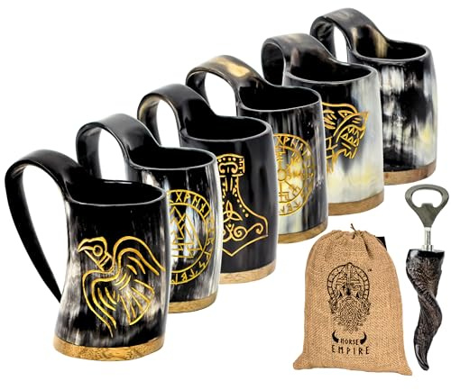 Viking Horn Shot Mugs Set of 6,100% Authentic, Unique, Handmade Natural Ox Horn Shot Glasses| 3oz Cool Unique Tumbler, Beer Gift for Men and Women, Goblet| Mediaeval Stein for Ale, Mead, Whisky…