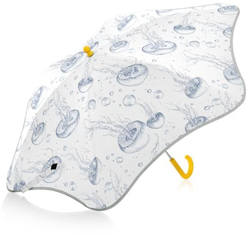 FRODOTGV Kinder-Regenschirm, weiß, Cartoon-Quallen-Design, für Regen, Wind und Regen, Regenschirm, mit Reflektorstreifen, kleiner Regenschirm für Rucksack mit einfachem Hakengriff