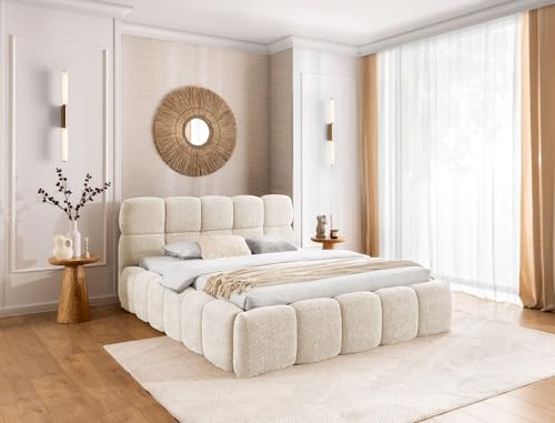 FURNISTAR Polsterbett Sofia 180x200 mit Bettkasten, Doppelbett mit Stauraum und Lattenrost, Boxspringbett-Optik, ohne Matratze, Bett - Creme