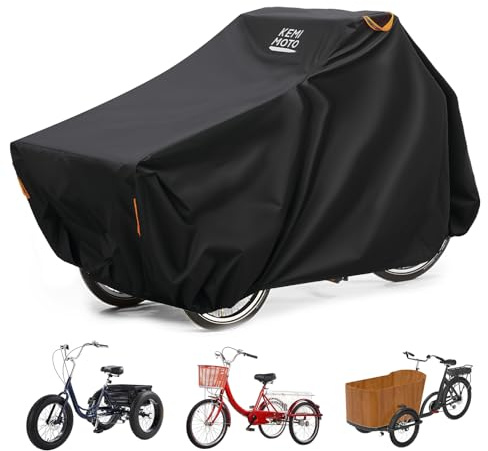KEMIMOTO Bike Cover Outdoor, 420D Heavy Duty Trike Covers Larger Cargo Bicycle Rain Covers Storage Waterproof UV Protection Windproof Folding, Ebike Tarp for Adult Tricycles, Cargo 3 Wheel Bikes