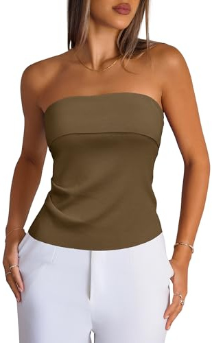 Arach&Cloz Women's Silk Blend Tube Tops Summer Ruched Strapless Off Shoulder Top Bandeau Sexy Trendy Going Out Outfits Brown M