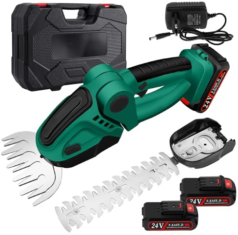 ROCKY&CHAO 24 V batería cortasetos y tijeras de césped 2 en 1 – Cortacésped inalámbrico con 2 baterías de 1500 mAh, cuchillas SK5 de 12 cm/23 cm, prácticas tijeras de césped para jardín y césped
