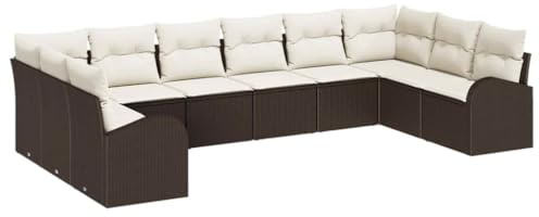 vidaXL Gartensofa-Set mit Kissen 10 pcs Braun und Weiß Poly-Rattan, Garten und Terrasse, modernes Outdoor-Sofa-Set, langlebige Rattan-Möbel, wetterfester Loungesessel, modulares Komfort-Sitzmöbel