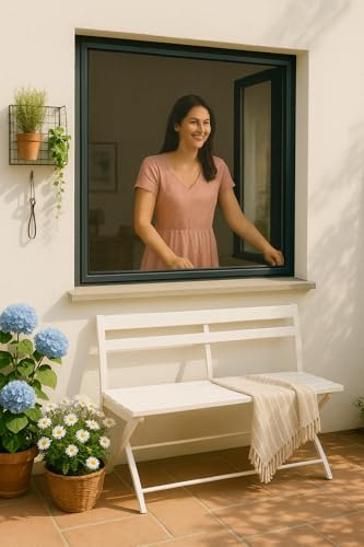 Fliegenschutzgitter Fenster Anthrazit Alurahmen 130 x 150 – Insektenschutz ohne Bohren – Mückengitter anthrazit individuell zuschneidbar – Fliegenschutz mit Einhängewinkeln – wetterfest & stabil