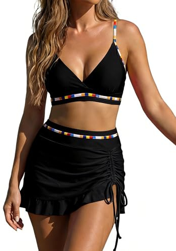 OUSIMEN Bikiniset för kvinnor hög midja V-ringning sexig bikini i två delar med dragsko och magformande funktion, Svart, XL