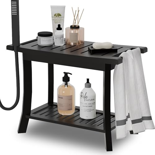 Ehjuwe Bamboo Shower Stool, Bathtub Bench Chair with Storage Bench, Non-Slip Bath Seat for Elderly, Kids, Adults, Waterproof Sturdy Bamboo Bathroom Stool for Shower, Bathtub, Sauna, Toilet (Black)