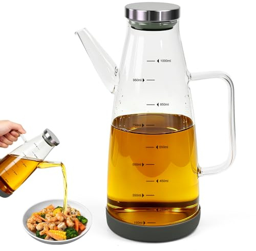 Fuhesgu 1L Bouteille Huile Olive Distributeur d'Huile en Verre avec Bec Verseur Bouteille d'Huiles d'Olive Transparente Bouteilles pour Huiles d'Olives avec Graduation et Poignée pour Cuisine Barbecue