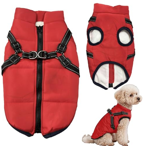 Dog Coat Waterproof with Harness, Winter Warm Fleece Jacket for Medium Large Dogs, Reflective Windproof Puppy Snowsuit(Red-M)