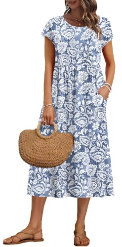 AUSELILY Vestito Estivo da Donna a Maniche Corte Abiti Casual Larghi Abito Midi con Scollo a Girocollo e Tasche