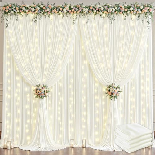 20x10ft Cream White Backdrop Curtains with Lights String for Parties Wrinkle Free Wedding Curtains Soft Fabric Photo Backdrop Drapes for Birthday Baby Shower Background 5x10ft, 4 Panels