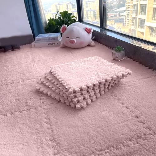 Hiseng 10 Stück Ineinandergreifende Teppichfliesen, Teppichfliesen Selbstliegend Puzzle Plüisch 30x30CM Bodenfliesen Ohne Kleben Puzzlematten für Schlafzimmer (Rosa,30 * 30cm)