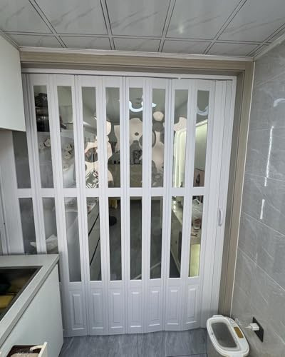 Falttür Einziehbare Küchentür Platzsparend, Faltbare Falttür für Speisekammer, Durchgang, Schrank oder Schrankanlage, Schiebeplatte in Weiß mit Holzmaserung(25x40in(63.5x101cm))