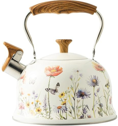 Vobumix 3 liter visselpipa vattenkokare med blommönster och anti-skållningshandtag, vintage vattenkokare för gas- och induktionshällar.