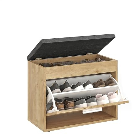 KOMTO Schuhbank mit Sitzfläche Honig Eiche – Schuhschrank mit Sitzbank, Schuhbank mit Klappe, Schuhregal mit Stauraum, Garderobenbank für Flur | Sofia K 60 x 32 x 45,6 cm