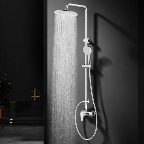 Homelody Duschsystem med armatur krom – regndusch med armatur LED-temperaturdisplay, 25 cm rund regndusch, 3 stråltyper duschhuvud, duscharmatur komplett set, duschset