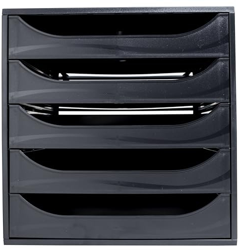 Exacompta - Ref 229014D - Juego de cajones ECOBlack Ecobox+ - Tamaño 348 x 284 x 290 mm, apto para documentos A4+, 5 cajones, función de tope de seguridad, apilable, color negro