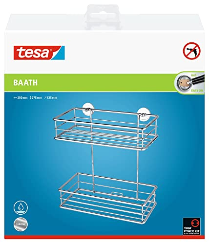 tesa baath Plus Duschkorb aus Edelstahl, zweistöckig, verchromt, inkl. Klebelösung, 275mm x 250mm x 125mm