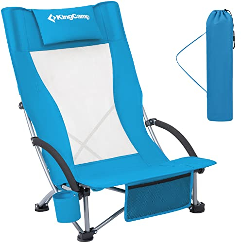 KingCamp Low Folding Beach Chair, Lightweight High Back Portable Camping Beach Chair with Mesh Back, Up to 180 kg (400 lbs), Padded Armrest & Cup Holder & Mesh Pocket & Carry Bag, Blue