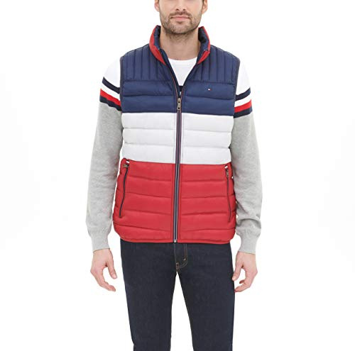 Tommy Hilfiger Ultra Loft lätt quiltad dunväst för män (standard och stor och hög), midnatt/is/röd, M, Midnatt/is/röd, M