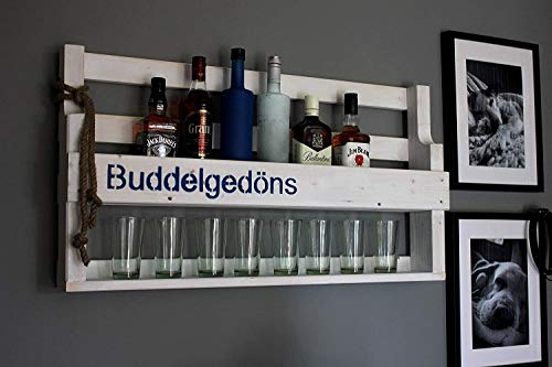 Dekorie Holz Whiskey Regal mit Gläserhalter Shabby mit Druck fertig montiert Weiß Buddel Gedöns