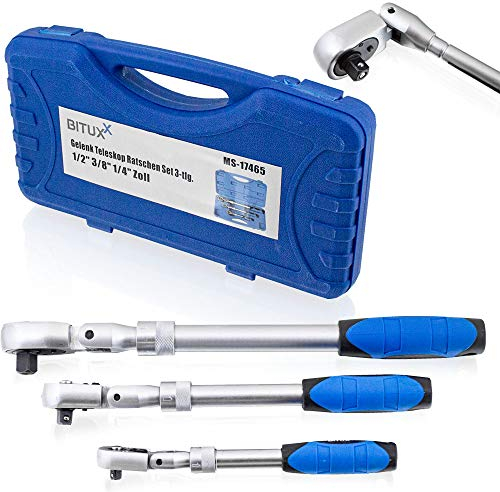BITUXX 3 tlg Teleskop Gelenk Ratschen 1/4 3/8 1/2 90° Knarre ausziehbar Umschaltknarre Set