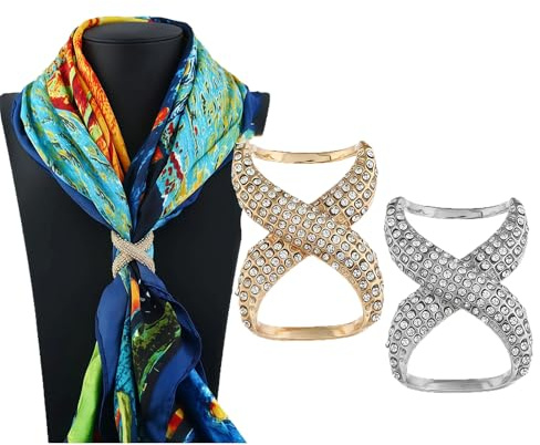 2 pezzi donne ragazze strass intarsiato sciarpa clip moda sciarpa anelli sciarpa fibbia gioielli di seta sciarpa gancio di abbigliamento Wrap Holder decorazione accessori per sciarpa (oro + argento)