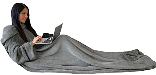 HOMELEVEL Kuscheldecke Microfaser mit Ärmeln Ärmeldecke Sofadecke 200cm x 150cm TV Decke Decke mit Armen Wohndecke Decke Hellgrau