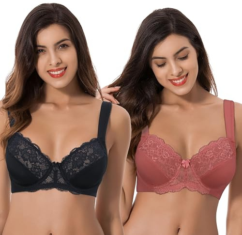 Curve Muse Übergröße Ungefüttert Bügel Spitzen-BH mit gepolsterten Schultergurten-2er Pack-Rose,Schwarz-90B