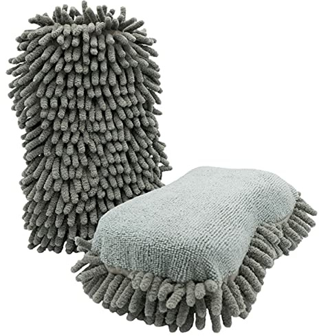 DuW Premium 2in1 Chenille Microfaserschwamm | Chenille Microfaser | grau 28x13x6 cm | Schwamm für die schonende Handwäsche | Autoschwamm Autopflege