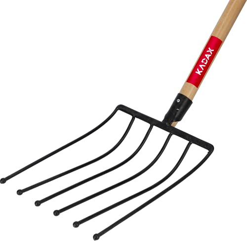 KADAX wirksame Harke mit D-Griff, Rübengabel mit Arbeitsteil aus Stahl, Gabel mit langem Stiel aus Holz, Kartoffelgabel, Gartenharke für Rüben (6 Zinken, Schwarz)