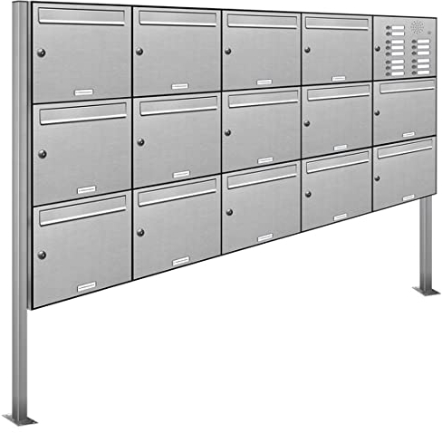 AL Briefkastensysteme 14er Standbriefkasten mit Klingel Standbriefkasten mit Klingel in Edelstahl 14 Fach DIN A4 wetterfest Premium Briefkastenanlage
