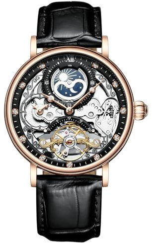 RORIOS Orologio da uomo impermeabile meccanico orologi cinturino in pelle scheletro carica automatica orologio classico orologio da uomo, Oro rosa nero, Cinghia