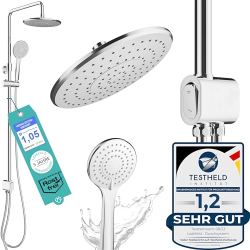 Duschsystem ohne Armatur Edelstahl rostfrei mit Druckknopf - 50% wasserspar Wellness Duschset ohne Armatur - Überkopfbrauseset - Regendusche mit Wandhalterung Komplettset für Dusche und Badewanne