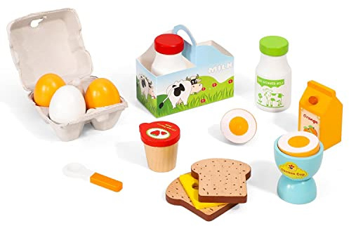 SOKA Wooden Breakfast Set 19 PCS Pretend Play Toys Toast Eggs Milk Food Playset Role Play Game Early Educational Development for Kids Children Girls Boys 3 years old +
