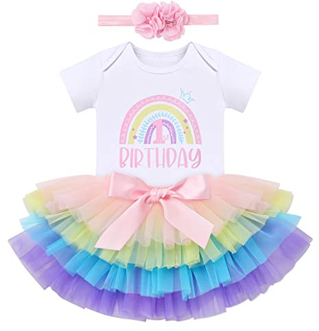 FYMNSI Boho Rainbow 1st Birthday Outfit for Baby Girl One Year Old Party Cake Smash Photo Shooting Cotton Short Sleeve Romper Bodysuit Princess Tutu Tulle Skirt Flower Headband 3pcs Set Rainbow