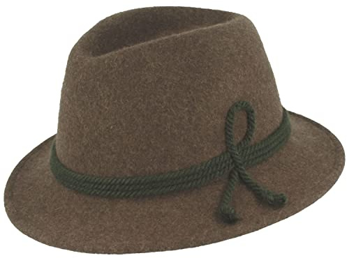 Traditionell hatt för barn, spetsig huvud, Wiesn-hatt för småbarn av 100 % ull – tillverkad i Österrike – 3-vägs sidensnöre för flickor och pojkar i 3 färger, BRUN, 51 cm