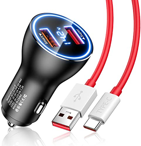 Chargeur de Voiture et câble USB C pour One Plus Nord 2T 5G, 6A 80W Charge Rapide Adaptateur de Chargeur de Voiture et Super Vooc Câble Type C 1M pour One Plus 12 11 10 Pro 5G 10T