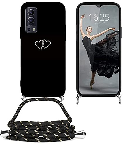 EuoDuo Kompatibel mit Vivo Y52 5G / Vivo Y72 5G Hülle mit Band Handyhülle Handy Kette Schwarz Silikon Muster Motiv Schutzhülle Kordel zum Umhängen Necklace Halskette Cover - Liebesherz