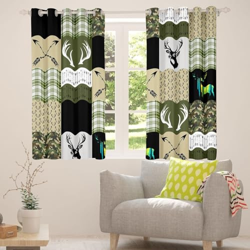 Erosebridal Camo Hunting Deer Curtains,Green Camouflage 30%-50% Blackout Curtains,Rustic Cabin Country Decor for Bedroom Living Room,Checkered Patchwork Window Treatments 2 Panels,38 x 54 Inch
