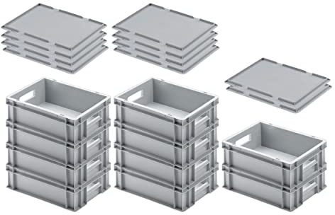 PROREGAL SuperSparSet 10x Eurobehälter mit offenem Griff & Auflagedeckel | HxBxT 12x30x40cm | 11 Liter | Grau | Eurobehälter Transportbox Transportbehälter Stapelbehälter