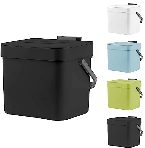 Compost Bin for Kitchen, 1.8 Gallon Hanging Small Trash Can with Lid, Sealed Food Waste Bucket for Counter Top or Under Sink, Indoor Garbage Bins for Bathroom, Bedroom, Living Room, Office (Black)