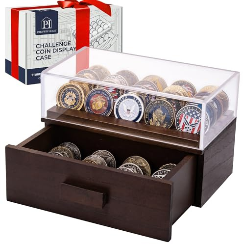 Holzvitrine mit transparenter Abdeckung, mittelgroßer Münzständer für 20 Münzen oben und 40,6 cm große Schublade, Pokerchip-Vitrine, Braun