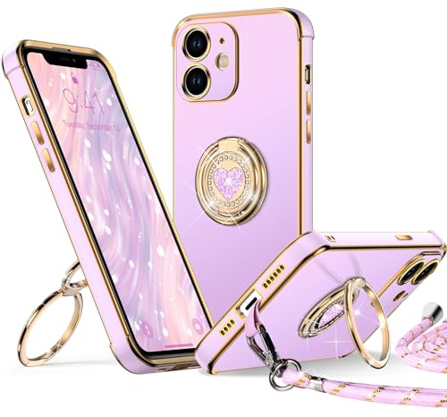 XYZ Coque pour iPhone 11 avec Cordon, Violet | Double Anneau de Support Cœur, pour Filles et Femmes, Coque de Protection de Luxe Mignonne et Scintillante